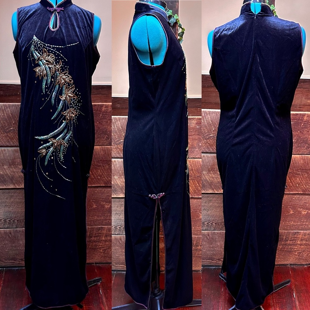 Asian Velvet Sleeveless Side-Slit Maxi Dress w Mandarin Collar & Peacock Sequins